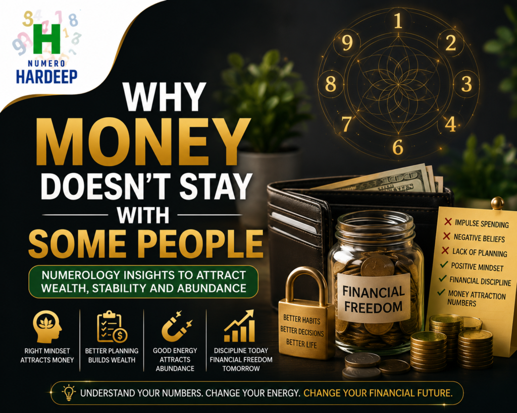 Featured image for Why Money Doesn’t Stay With Some People showing money mindset, financial discipline, numerology symbols, savings jar, and Numero Hardeep branding.