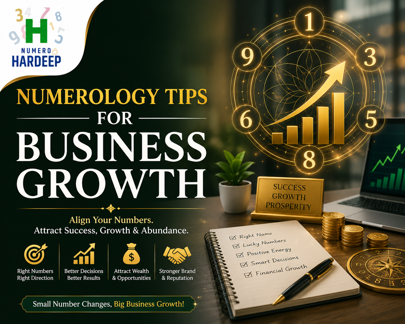 Premium featured image for Numerology Tips for Business Growth showing lucky numbers, business success symbols, financial growth graphics, and Numero Hardeep branding.
