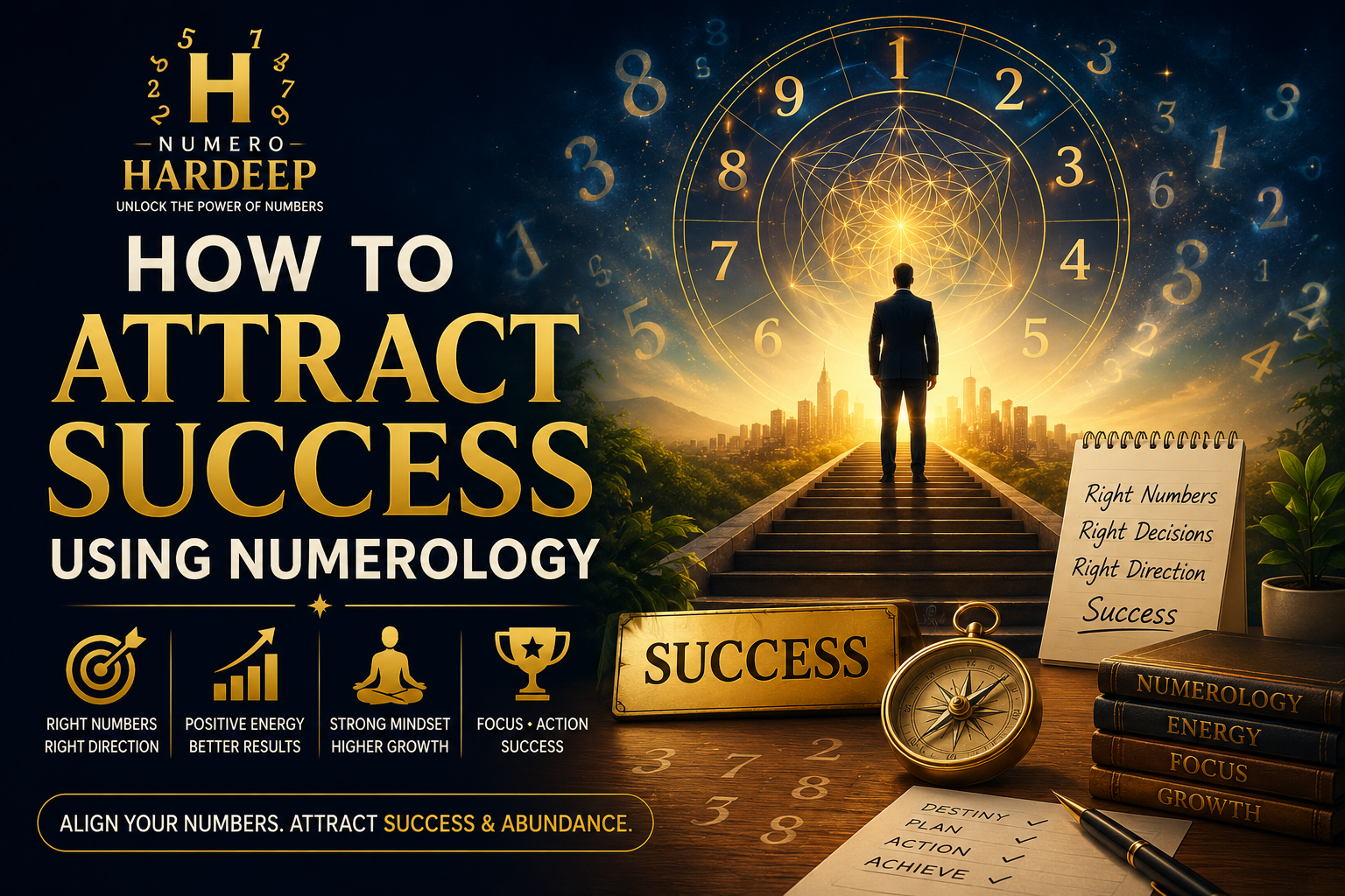 Featured image for How to Attract Success Using Numerology showing numerology symbols, success pathway, glowing numbers, and abundance energy with Numero Hardeep branding.