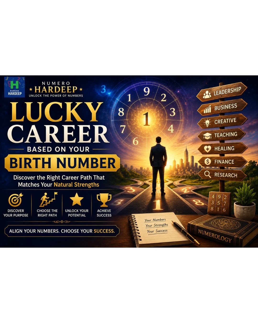 Lucky Career Based on Your Birth Number featured image showing numerology wheel, career paths, birth numbers, and professional success guidance by Numero Hardeep.